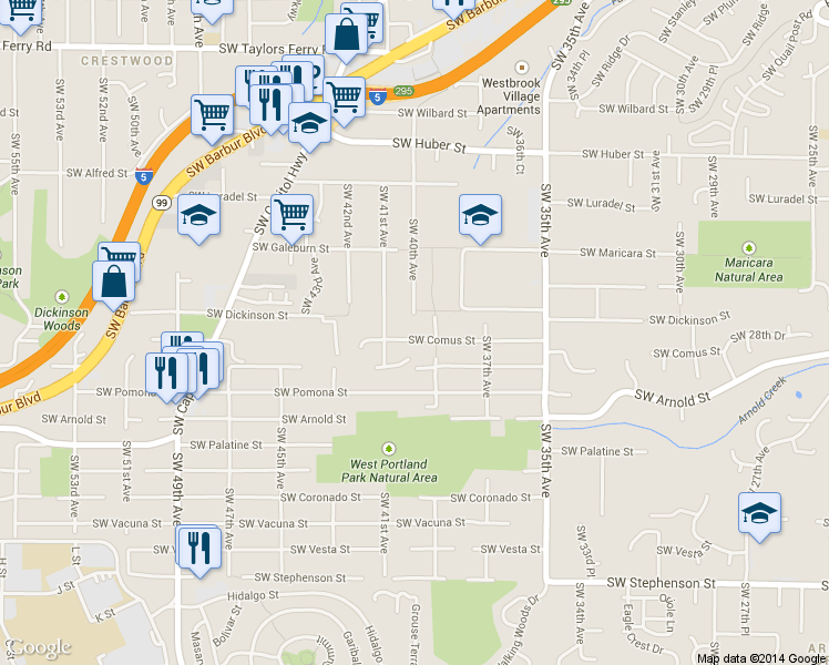 map of restaurants, bars, coffee shops, grocery stores, and more near 3945 Southwest Comus Street in Portland