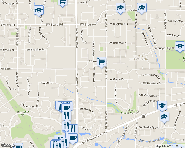 map of restaurants, bars, coffee shops, grocery stores, and more near 10095 Southwest 141st Avenue in Beaverton