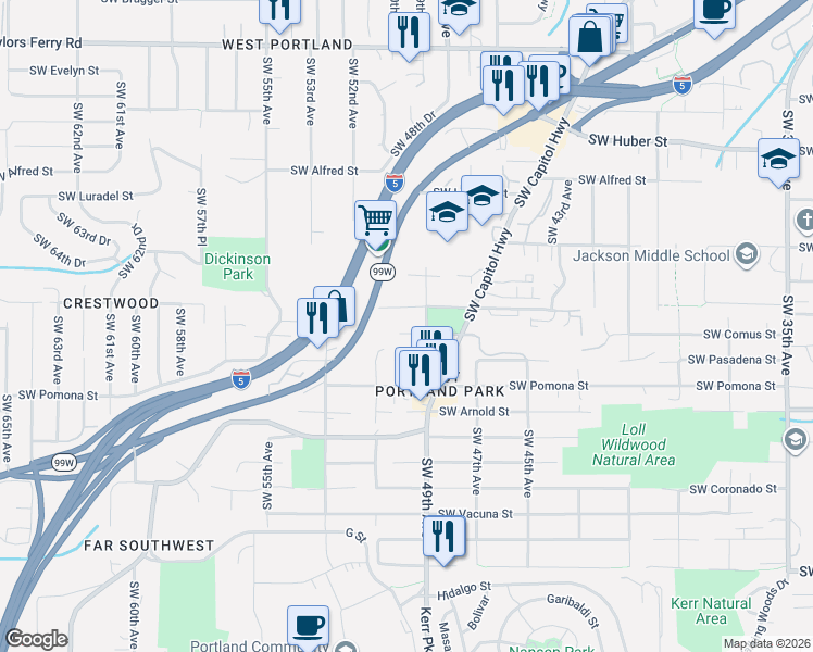 map of restaurants, bars, coffee shops, grocery stores, and more near 4941 Southwest Comus Street in Portland