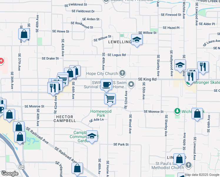 map of restaurants, bars, coffee shops, grocery stores, and more near 10522 Southeast Home Avenue in Milwaukie