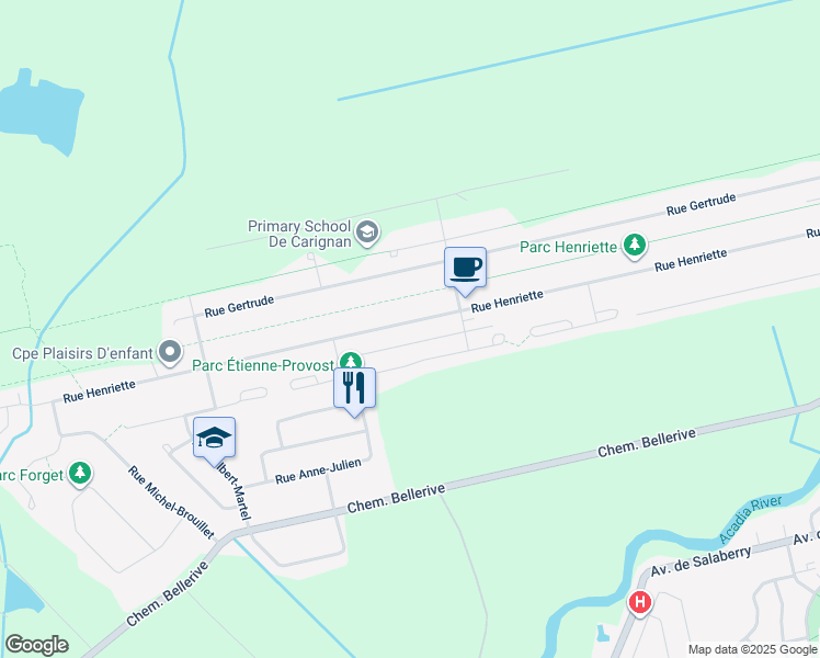 map of restaurants, bars, coffee shops, grocery stores, and more near 2023 Rue Henriette in Carignan