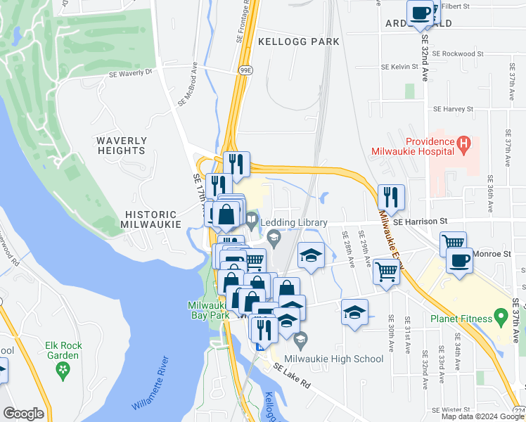 map of restaurants, bars, coffee shops, grocery stores, and more near 10505 Southeast 23rd Avenue in Milwaukie