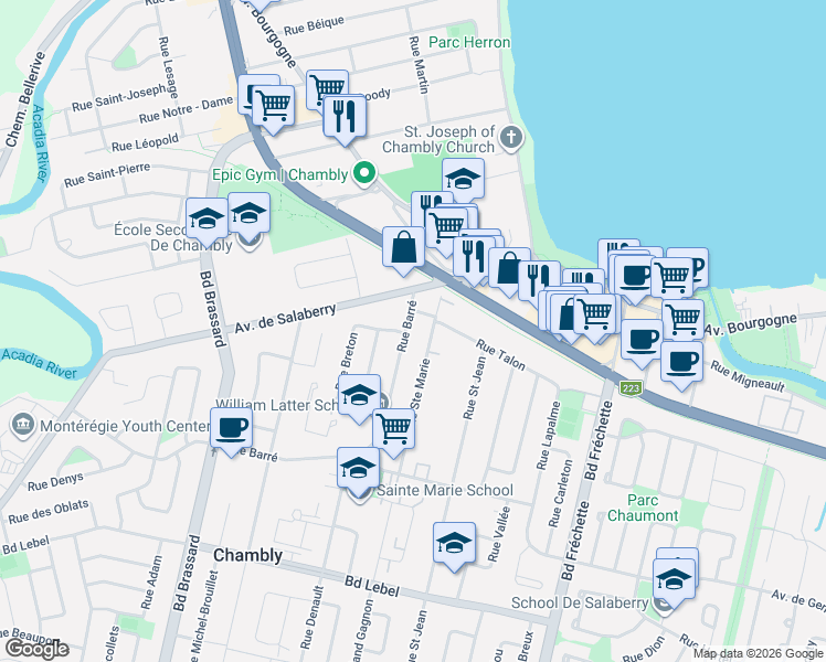 map of restaurants, bars, coffee shops, grocery stores, and more near 1131 Rue Barré in Chambly
