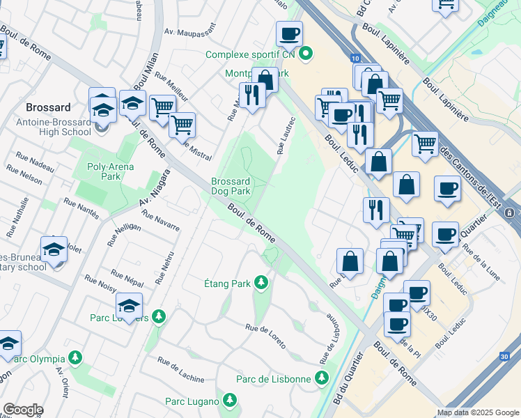 map of restaurants, bars, coffee shops, grocery stores, and more near 7705 Rue Lautrec in Brossard