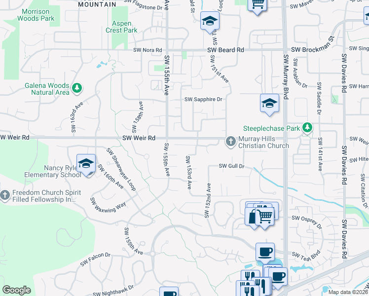 map of restaurants, bars, coffee shops, grocery stores, and more near 15390 Southwest Sandpiper Lane in Beaverton