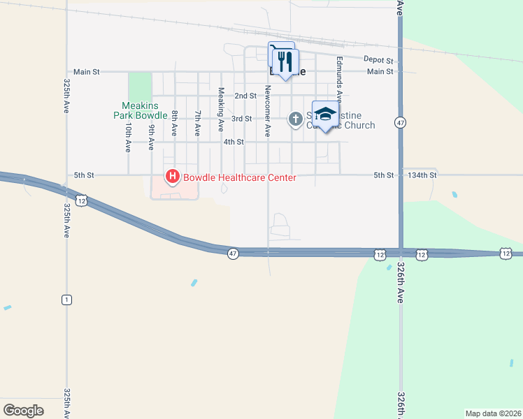 map of restaurants, bars, coffee shops, grocery stores, and more near 5023 4th Avenue in Bowdle