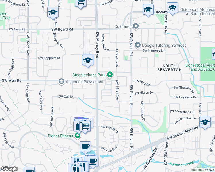 map of restaurants, bars, coffee shops, grocery stores, and more near 14350 Southwest Pasture Lane in Beaverton