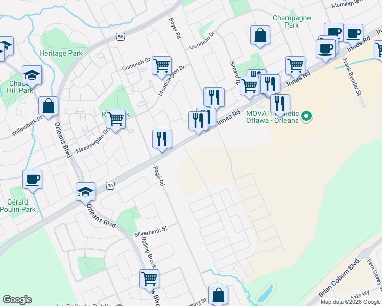 map of restaurants, bars, coffee shops, grocery stores, and more near 1107 Cerceau Private in Ottawa