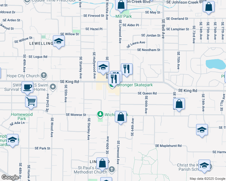 map of restaurants, bars, coffee shops, grocery stores, and more near 6128 Southeast King Road in Milwaukie