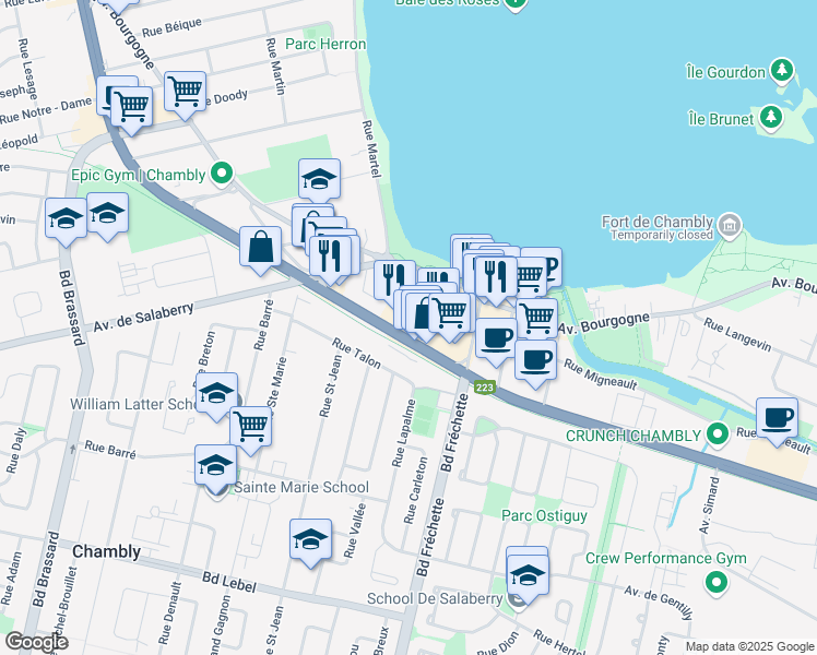 map of restaurants, bars, coffee shops, grocery stores, and more near 1223 Boulevard de Périgny in Chambly
