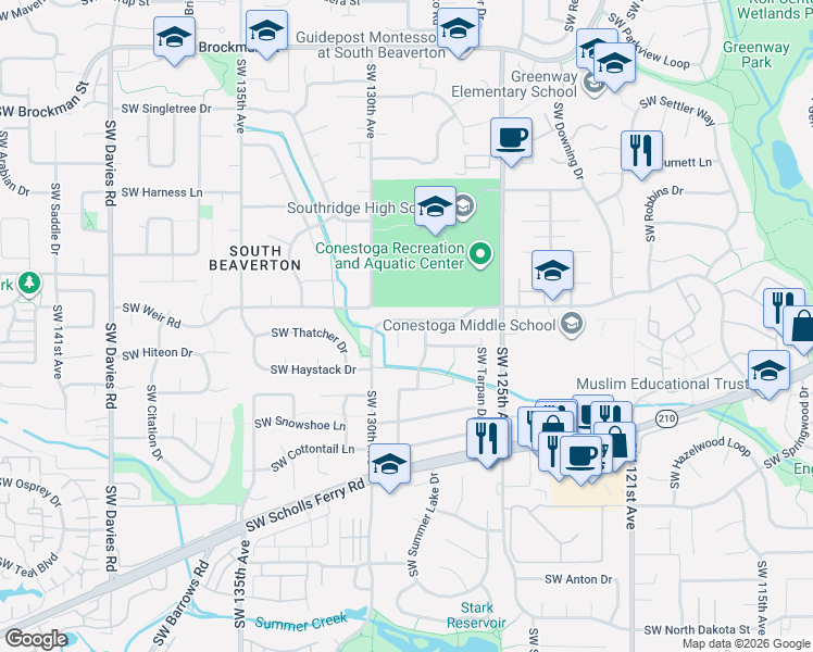 map of restaurants, bars, coffee shops, grocery stores, and more near 12870 SW Conestoga Dr in Beaverton