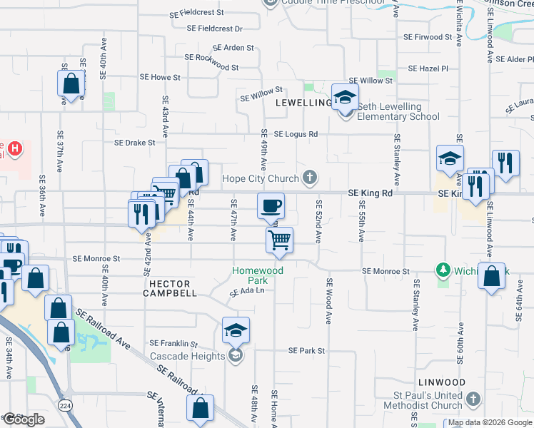 map of restaurants, bars, coffee shops, grocery stores, and more near 4872 Southeast Llewellyn Street in Milwaukie