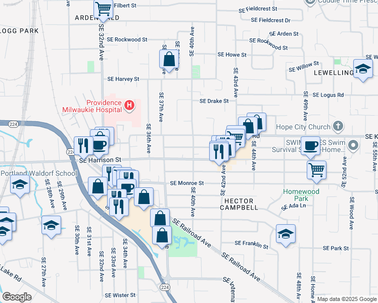 map of restaurants, bars, coffee shops, grocery stores, and more near in Milwaukie