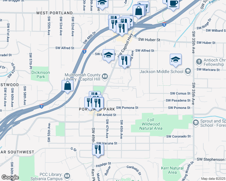 map of restaurants, bars, coffee shops, grocery stores, and more near 4534-4624 Southwest Dickinson Street in Portland