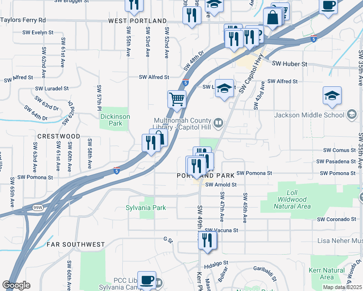 map of restaurants, bars, coffee shops, grocery stores, and more near 5001 Southwest Comus Street in Portland