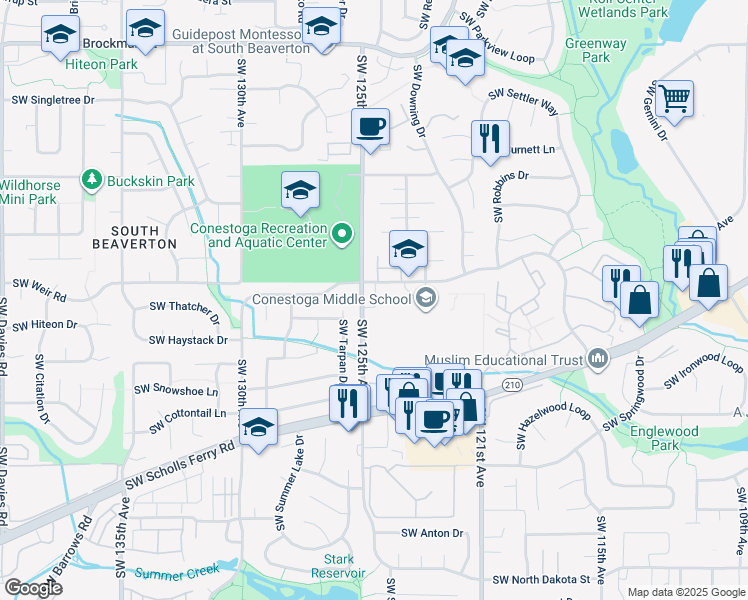 map of restaurants, bars, coffee shops, grocery stores, and more near 10010 Southwest 125th Avenue in Beaverton