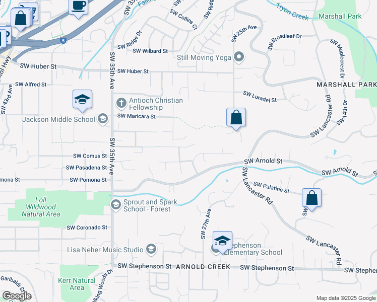 map of restaurants, bars, coffee shops, grocery stores, and more near 2838 Southwest Dickinson Street in Portland