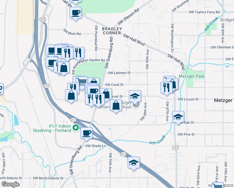 map of restaurants, bars, coffee shops, grocery stores, and more near 9385 Southwest Locust Street in Tigard