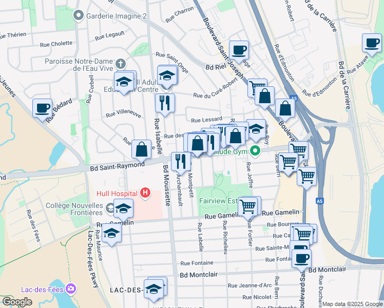 map of restaurants, bars, coffee shops, grocery stores, and more near 92 Rue Montpetit in Gatineau