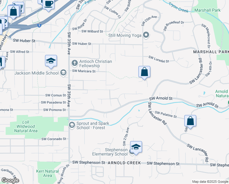 map of restaurants, bars, coffee shops, grocery stores, and more near 2838 Southwest Dickinson Street in Portland