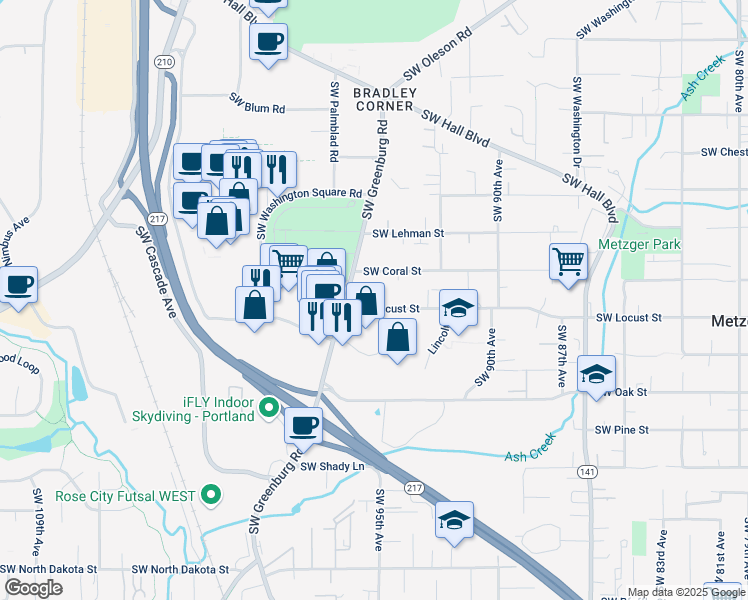 map of restaurants, bars, coffee shops, grocery stores, and more near 9495 Southwest Locust Street in Portland