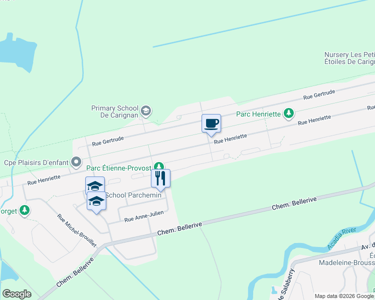 map of restaurants, bars, coffee shops, grocery stores, and more near 2023 Rue Henriette in Carignan