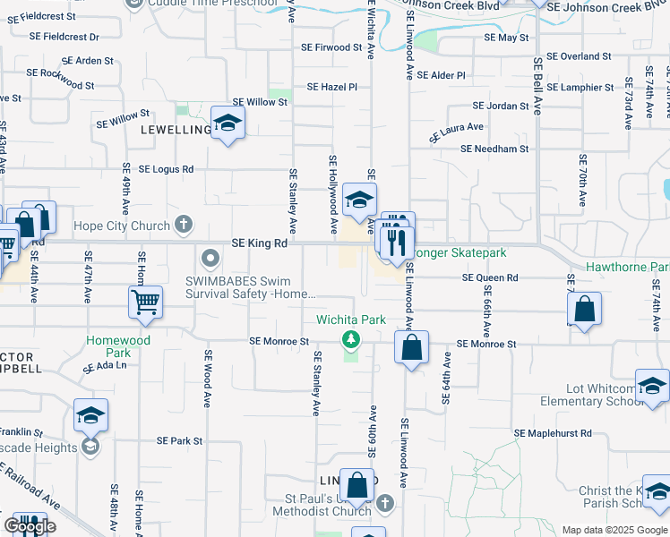 map of restaurants, bars, coffee shops, grocery stores, and more near 5860 Southeast King Road in Milwaukie