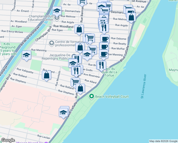 map of restaurants, bars, coffee shops, grocery stores, and more near 764 Rue Godin in Montréal