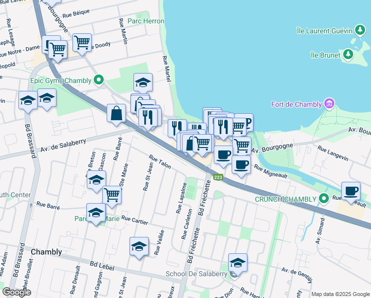 map of restaurants, bars, coffee shops, grocery stores, and more near 1223 Boulevard de Périgny in Chambly