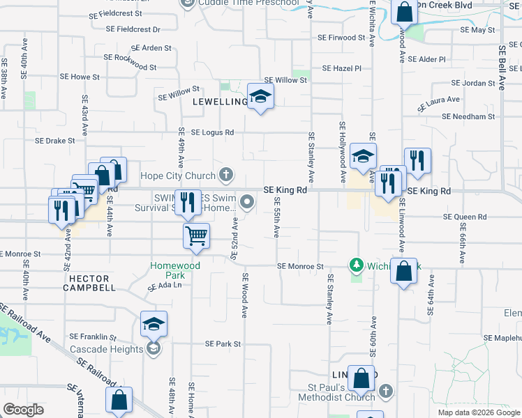 map of restaurants, bars, coffee shops, grocery stores, and more near 10536 SE 53rd Pl in Milwaukie