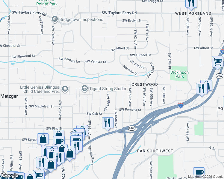 map of restaurants, bars, coffee shops, grocery stores, and more near 10846 Southwest 65th Avenue in Portland