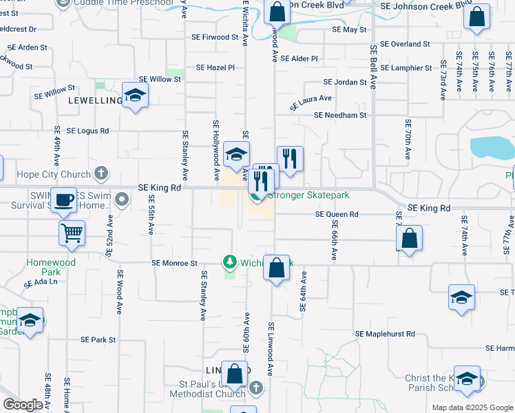 map of restaurants, bars, coffee shops, grocery stores, and more near 6128 Southeast King Road in Milwaukie