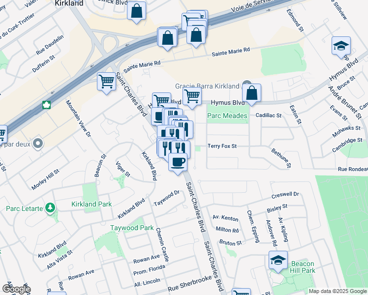 map of restaurants, bars, coffee shops, grocery stores, and more near 2875 Boulevard Saint-Charles in Kirkland