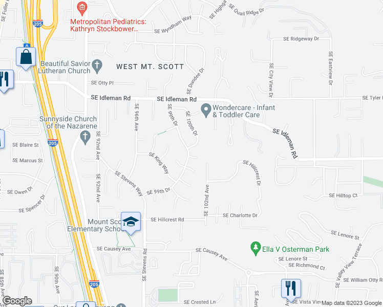 map of restaurants, bars, coffee shops, grocery stores, and more near 10005 Southeast Stevens Court in Happy Valley