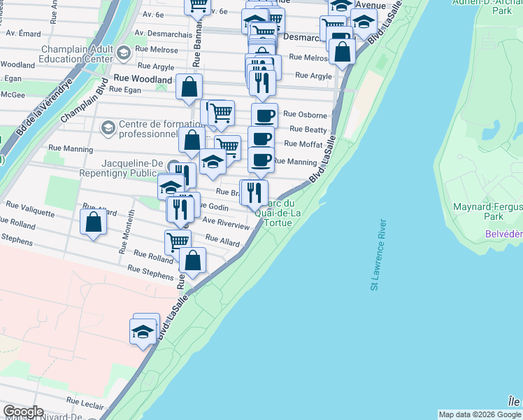 map of restaurants, bars, coffee shops, grocery stores, and more near 6001 Boulevard LaSalle in Montréal
