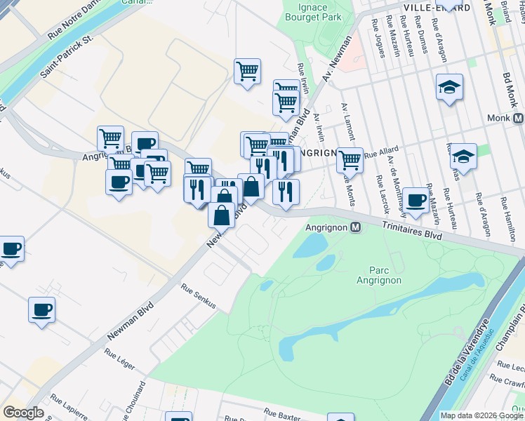 map of restaurants, bars, coffee shops, grocery stores, and more near 1800 Angrignon Boulevard in Montreal