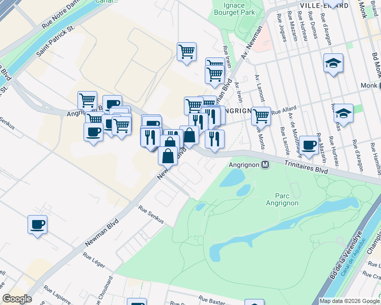 map of restaurants, bars, coffee shops, grocery stores, and more near 1900 Boulevard Angrignon in Montréal