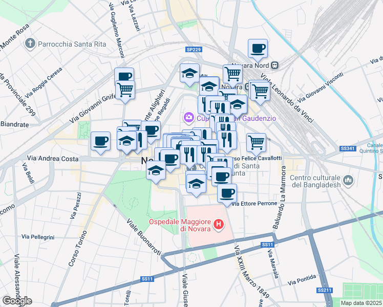 map of restaurants, bars, coffee shops, grocery stores, and more near 2-12 Via San Gaudenzio in Novara