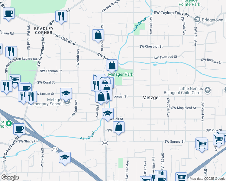 map of restaurants, bars, coffee shops, grocery stores, and more near 10045 Southwest 85th Avenue in Portland