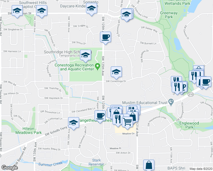 map of restaurants, bars, coffee shops, grocery stores, and more near 10010 Southwest 125th Avenue in Beaverton