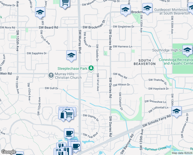 map of restaurants, bars, coffee shops, grocery stores, and more near 10095 Southwest 141st Avenue in Beaverton