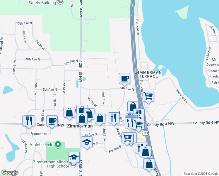 map of restaurants, bars, coffee shops, grocery stores, and more near 12649 5th Avenue North in Zimmerman