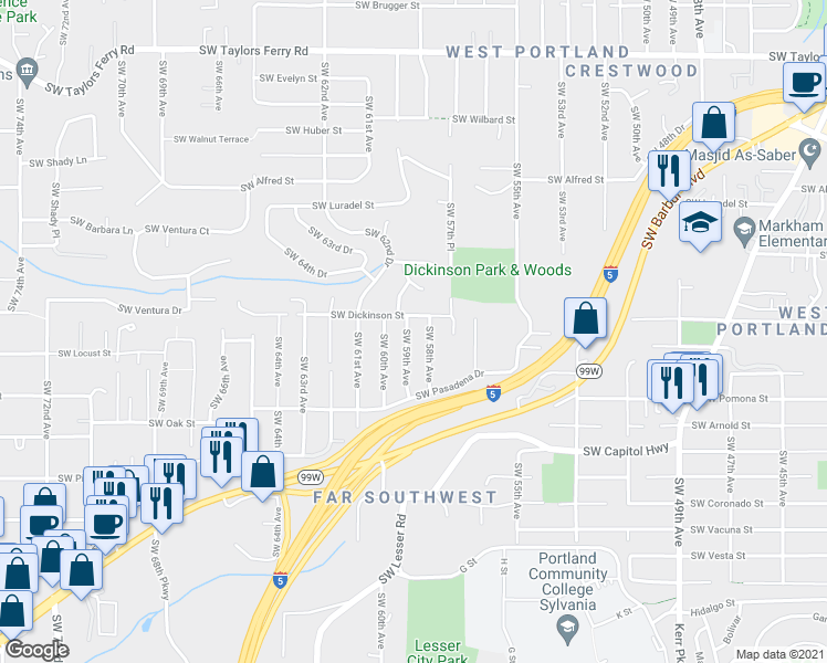 map of restaurants, bars, coffee shops, grocery stores, and more near 10830 Southwest 59th Avenue in Portland