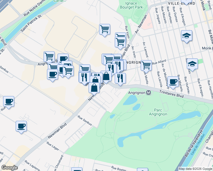 map of restaurants, bars, coffee shops, grocery stores, and more near 1900 Boulevard Angrignon in Montréal