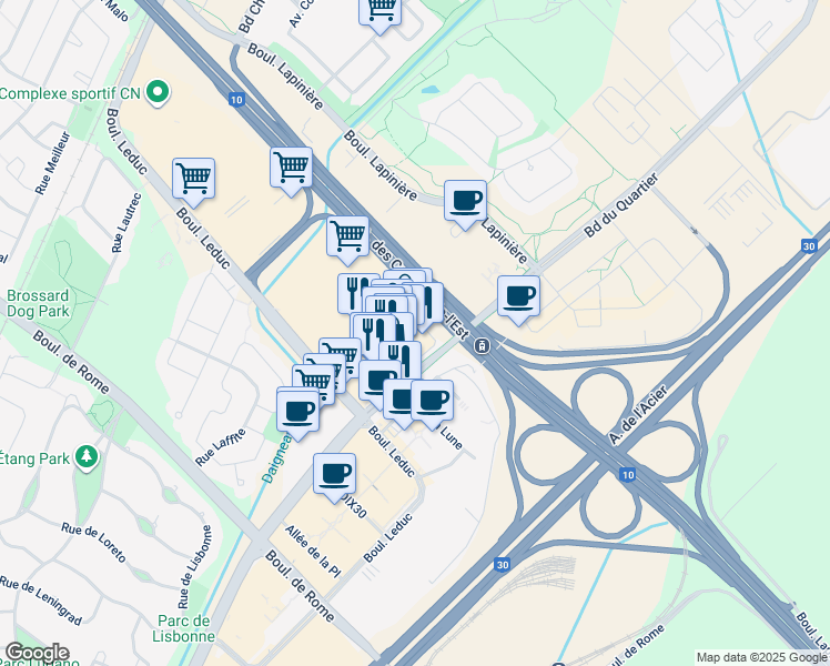 map of restaurants, bars, coffee shops, grocery stores, and more near 9160 Boulevard Leduc in Brossard