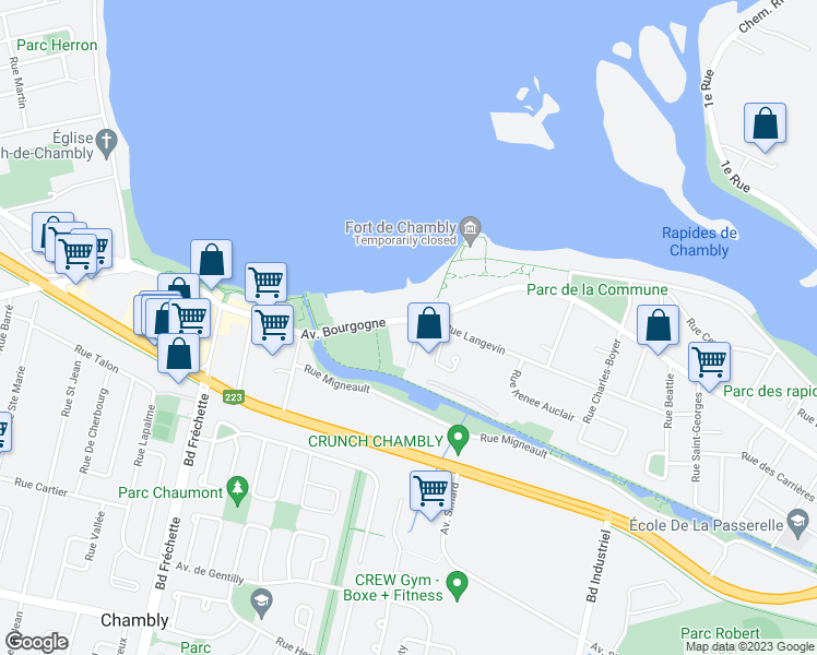 map of restaurants, bars, coffee shops, grocery stores, and more near 1860 Avenue Bourgogne in Chambly