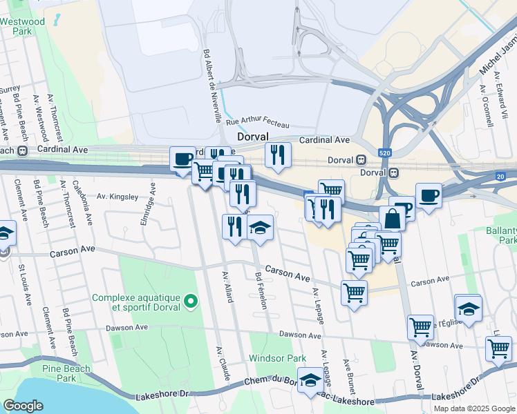 map of restaurants, bars, coffee shops, grocery stores, and more near 440 Roy Avenue in Dorval