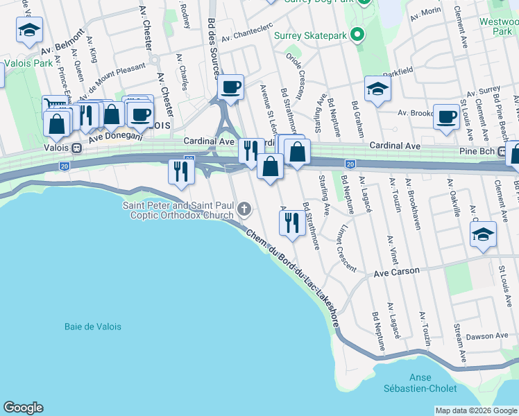 map of restaurants, bars, coffee shops, grocery stores, and more near 365 Boulevard des Sources in Dorval