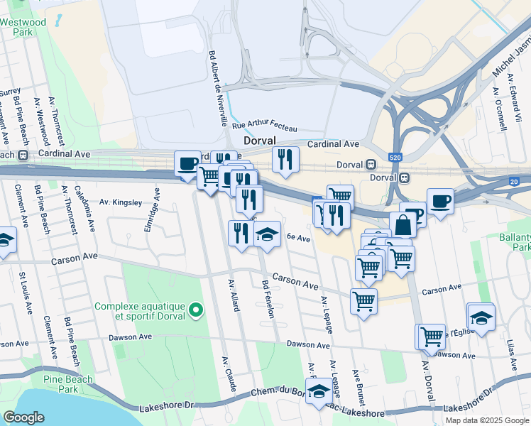 map of restaurants, bars, coffee shops, grocery stores, and more near 455 Boulevard Fénelon in Dorval