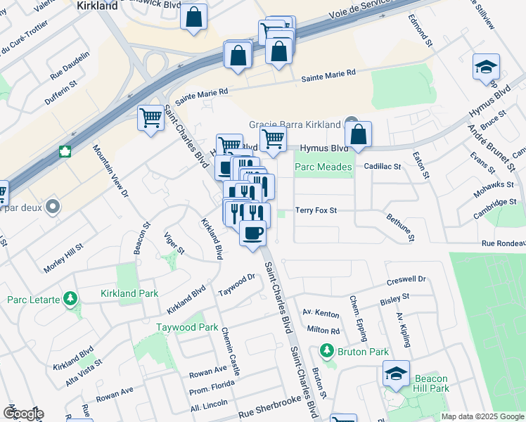 map of restaurants, bars, coffee shops, grocery stores, and more near 2875 Boulevard Saint-Charles in Kirkland